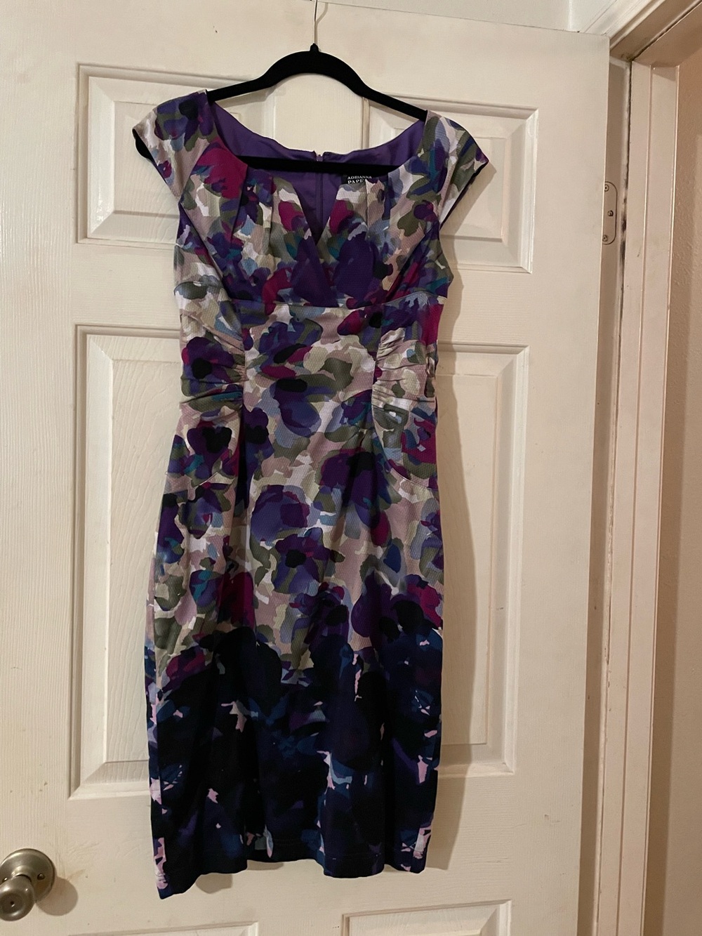 Adrianna Papell Watercolor Floral Ruched Pleated Neck Lined Sheath Dress 8
